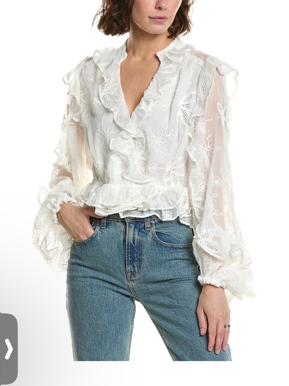 Bardot White Ruffled Lace Peasant Embossed Blouse Sz S NWT Beautiful 🤩 deal!
